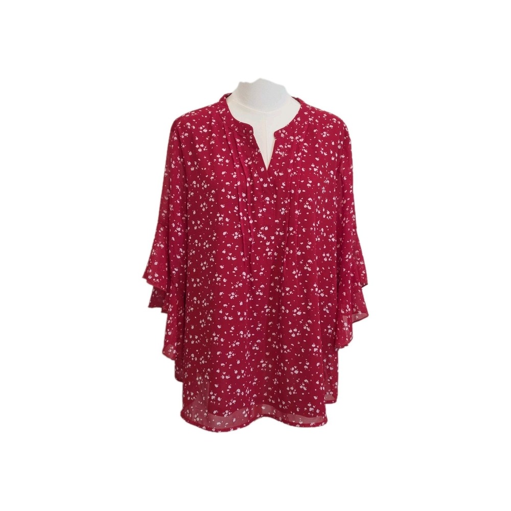 Timeson Womens 2XL Red and white V Neck Pleated Top with flutter/bell sleeves
